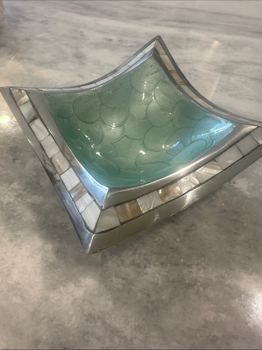 Julia knight square sea foam green dish with pearly mosaic border